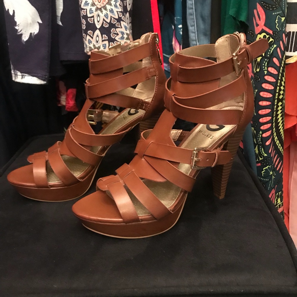G by Guess Brown Leather Platform Strappy Heels